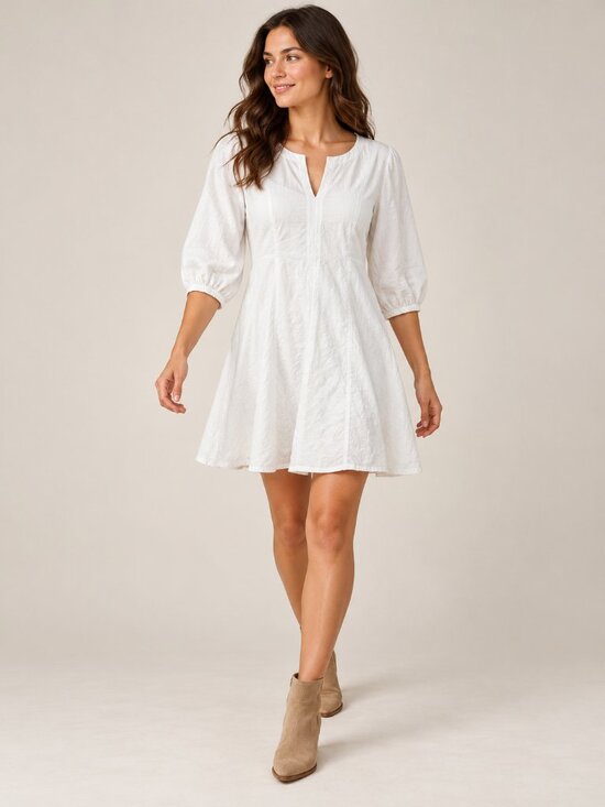 a new day Dresses & Skirts - Women’s White Split-Neck A-Line Mini Dress 3/4 Sleeves